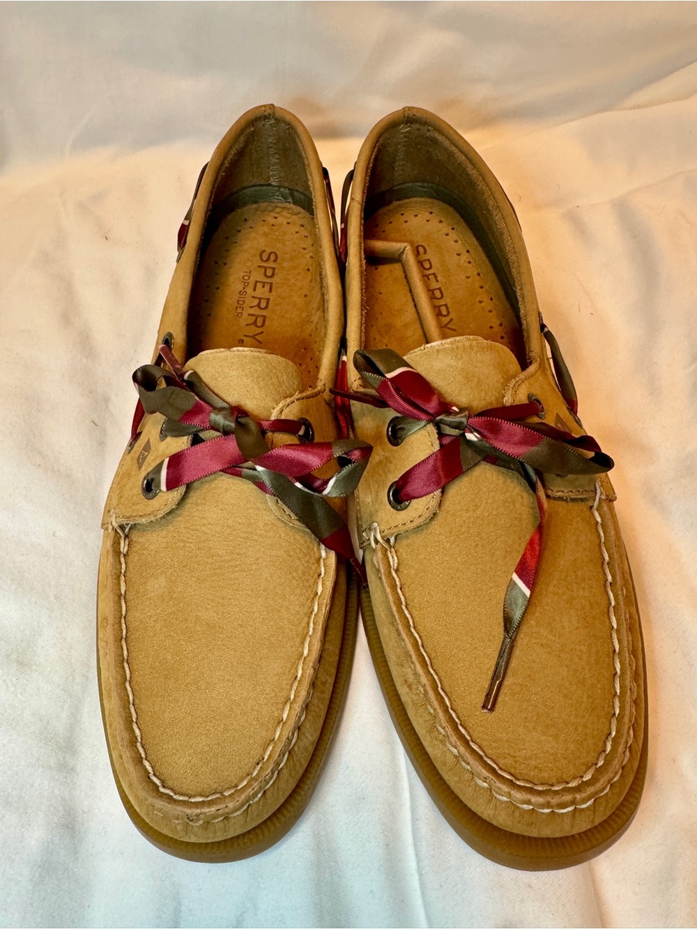 Sperry Women’s Tan Suede Boat Shoes with Burgundy & Olive Ribbon Laces